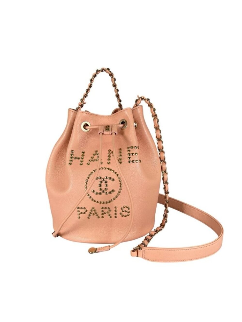 Chanel Shoulder Bag Deauville Studded Logo Gold Crossbody Pink